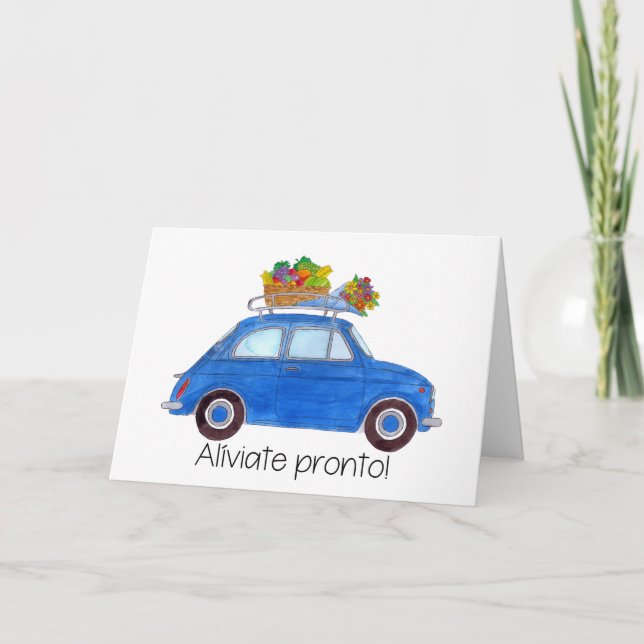 Spanisch Get well blue Retro Fiat 500 Karte (Vorderseite)