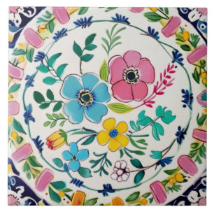 Spanisch Helle Farbige Blumen Pink & Blaue Blumen Fliese