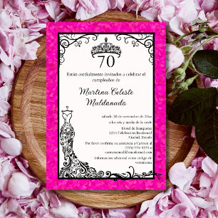 Spanisch Hot Pink Black Elegant 70. Geburtstagspar Einladung