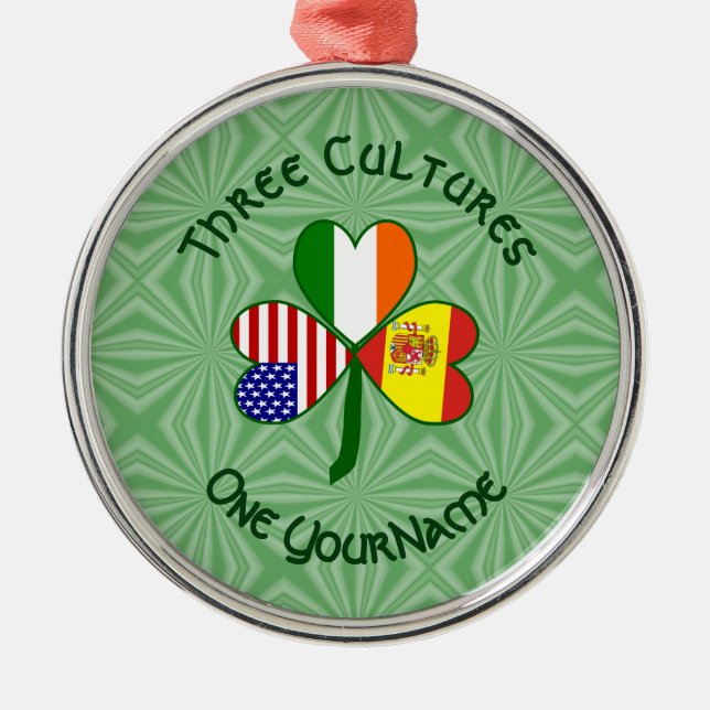 Spanisch Irish American Flags Kleeblatt Ihr Name Ornament Aus Metall (Vorne)