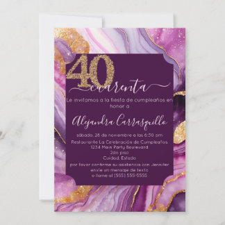 Spanisch Lila Pink Gold Agate 40. Geburtstag Party Einladung