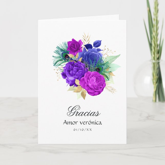 Spanisch Mardi Gras Aquarell Floral Quinceañera Dankeskarte (Vorderseite)