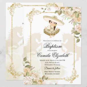 Spanisch mexikanische Gold-Girl-Charra-Taufe Einladung