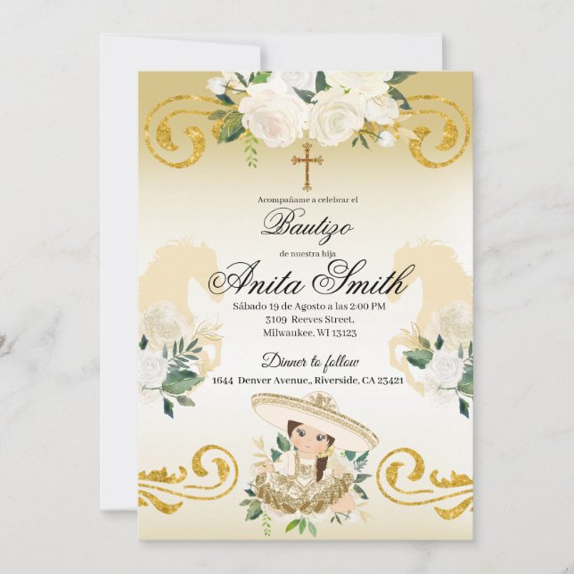 Spanisch Mexikanische Taufe Gold Girl Charra Einladung (Vorderseite)