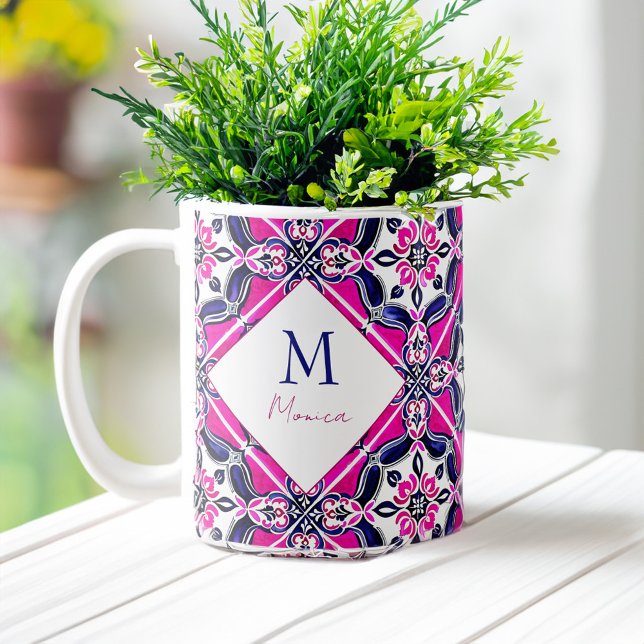 Spanisch mexikanische Ziegelbriefe Monogramm Kaffeetasse (Spanish Mexican tiles bridesmaid gifts monogram Coffee Mug bridal party favors)