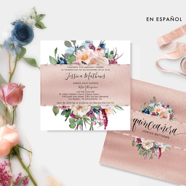 Spanisch, Pastellblüte und Rose Gold Quinceñera Einladung (Von Creator hochgeladen)