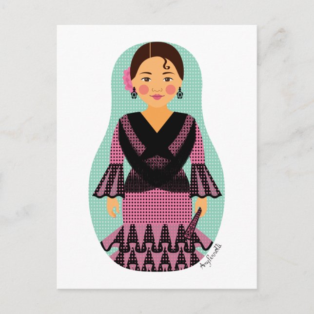 Spanisch Pink Dress Matryoshka Postcard Postkarte (Vorderseite)