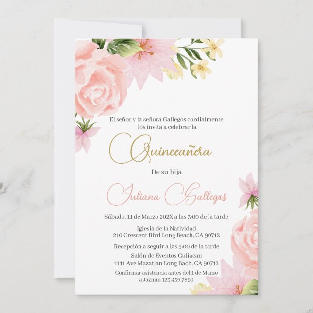Spanisch Pink Floral Quinceanera Einladung (Vorderseite)
