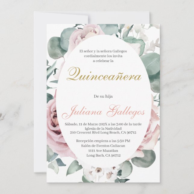 Spanisch Pink Floral Quinceanera Einladung (Vorderseite)