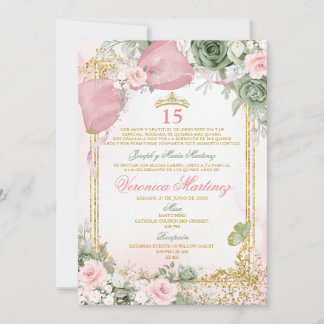 Spanisch Pink & Sage Green Floral 15 Años Geburtst Einladung
