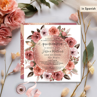Spanisch, Quinceanera Blush Rose Gold Glitzer Einladung