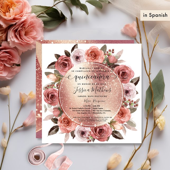 Spanisch, Quinceanera Blush Rose Gold Glitzer Einladung (Von Creator hochgeladen)