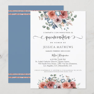 Spanisch, Quinceñera Dusty Blue Pink Gold Floral Einladung