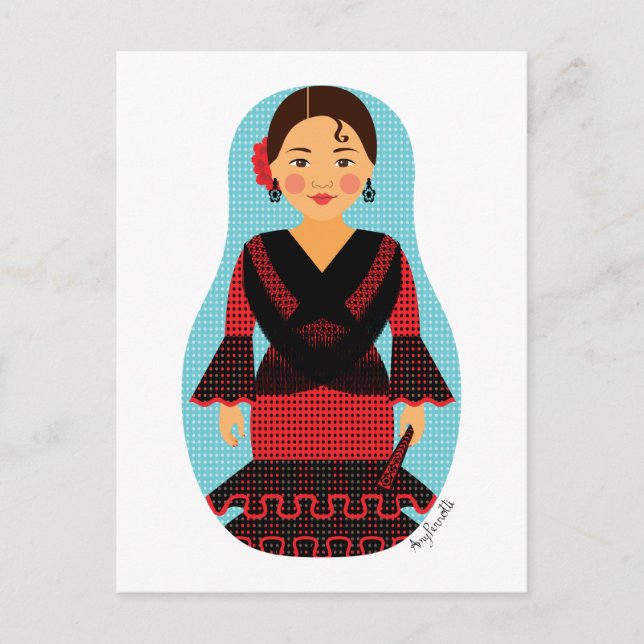 Spanisch Red Dress Matryoshka Postcard Postkarte (Vorderseite)