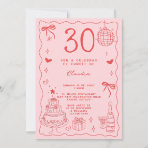 Spanisch Retro Seltzam Rot Pink 30. Geburtstag Einladung