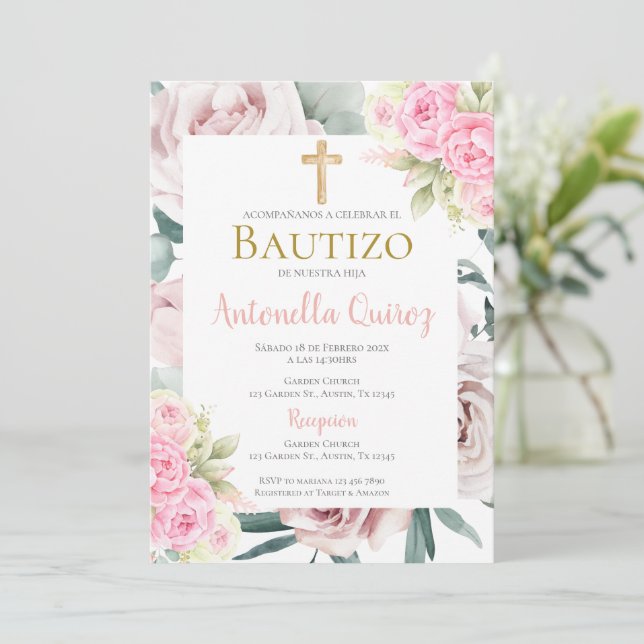 Spanisch Rosa Floral Taufe Girl Einladung (Stehend Vorderseite)