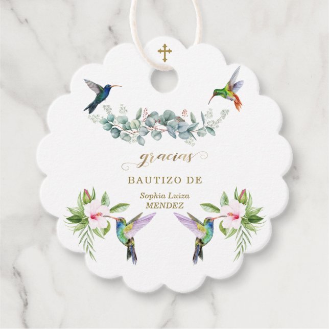 Spanisch Rosa Hibiskus Blume Eukalyptus Bautizo Geschenkanhänger (Vorderseite)