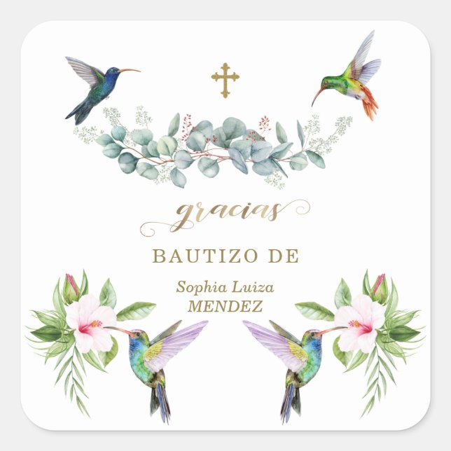 Spanisch Rosa Hibiskus Blume Eukalyptus Bautizo Quadratischer Aufkleber (Vorderseite)
