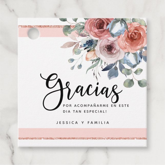 Spanisch, Rosa, Rose Gold, Blau, Blüten Geschenkanhänger (Vorderseite)