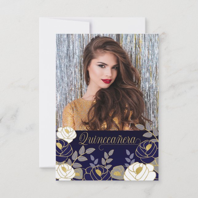Spanisch Save the Date Navy Blue Quinceanera Flora (Rückseite)
