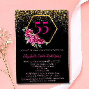 Spanisch Stylisch Schwarz & Gold Rosa 55. Geburtst Einladung