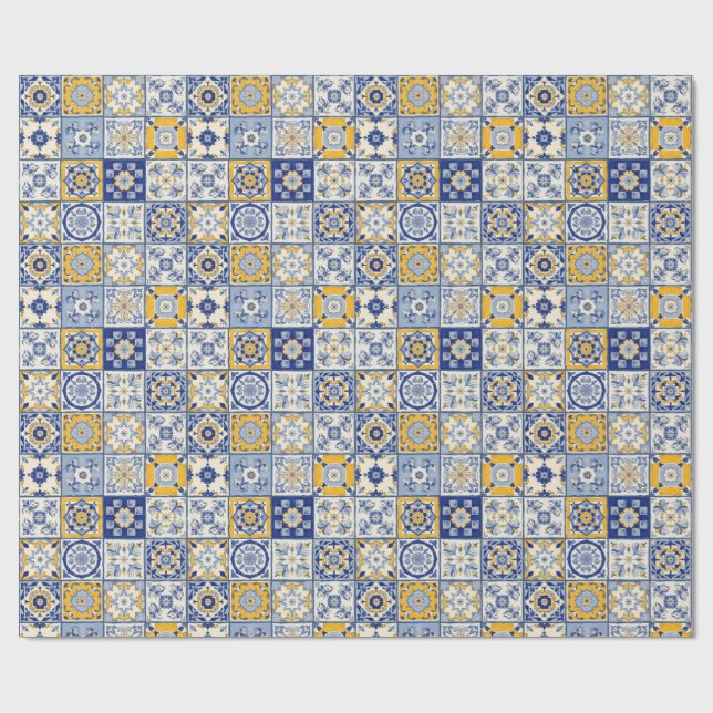 Spanisch Tiles Yellow Blue Geschenkpapier (Flach)