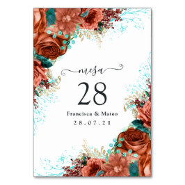 Spanisch Türkis - Aquamarin und Korallenblume Tischnummer