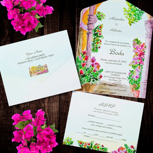 Spanisch, Wasserfarbenfloralstadt Mexiko Hochzeit All In One Einladung (Von Creator hochgeladen)