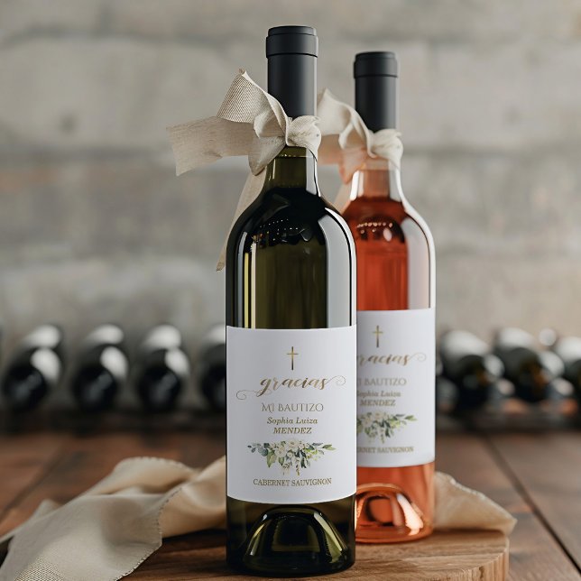 Spanisch Weiße Blume Gracias Calligraphy Bautizo Weinetikett (Von Creator hochgeladen)