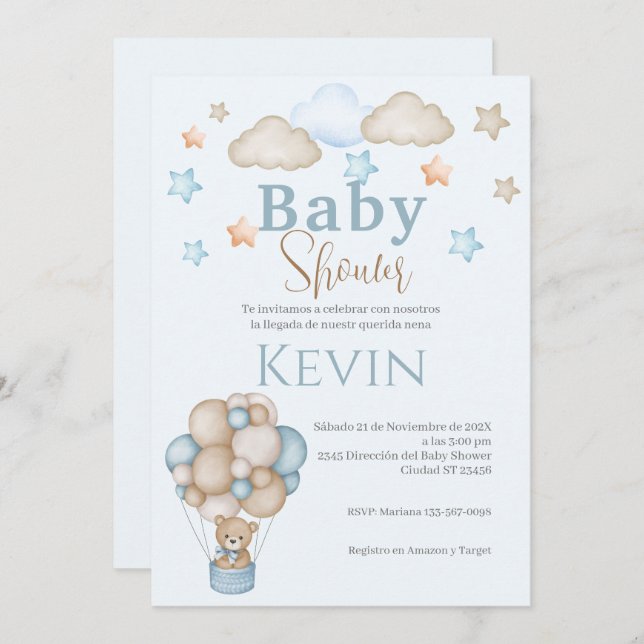 Spanische Babydusche Einladung Blue Bear Boy (Vorne/Hinten)