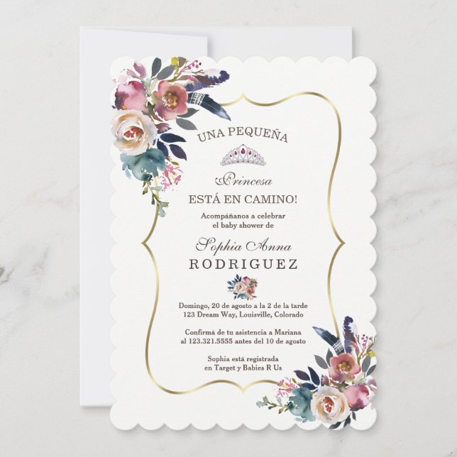 Spanische Blush Blume Invitación de Baby Dusche Einladung (Vorderseite)