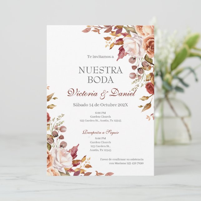 Spanische Boho-Blumenhochzeit Einladung (Stehend Vorderseite)
