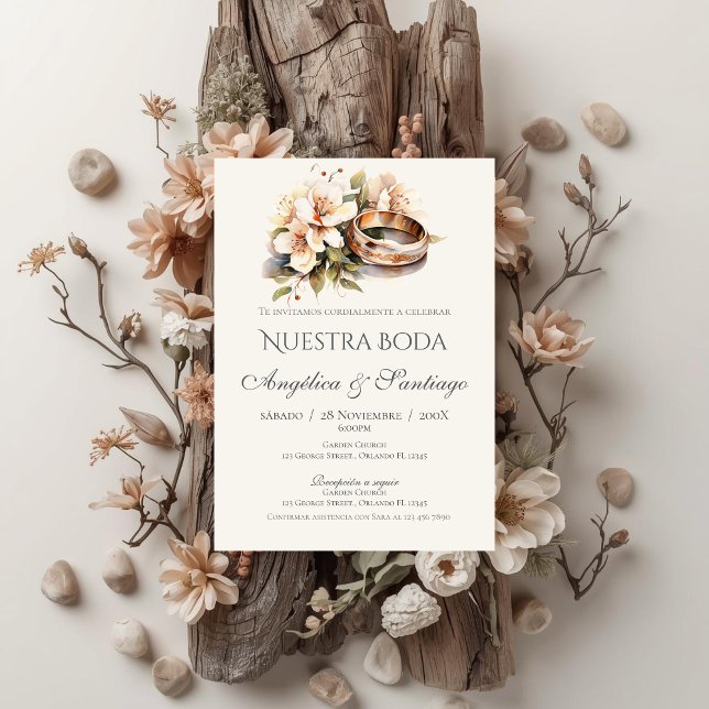 Spanische Boho-Hochzeit mit Ringen Einladung (Von Creator hochgeladen)