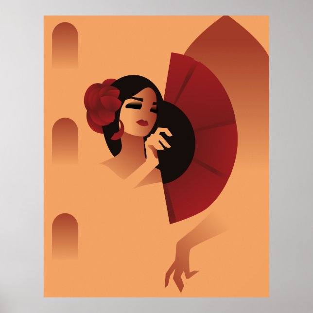 Spanische Dame mit Fan und rote Rose im Haar Poster (Vorne)