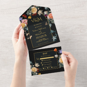 Spanische Dark & Moody Wedding Initialen All In One Einladung