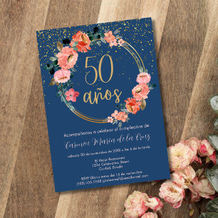 Spanische elegante blaue Blumenparty zum 50. Gebur Einladung