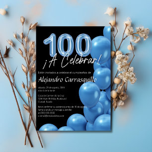 Spanische Elegante Blaue Luftballons Schwarz 100. Einladung