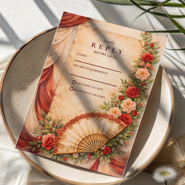 Spanische Fan-Romance-Hochzeit RSVP Karte (Von Creator hochgeladen)