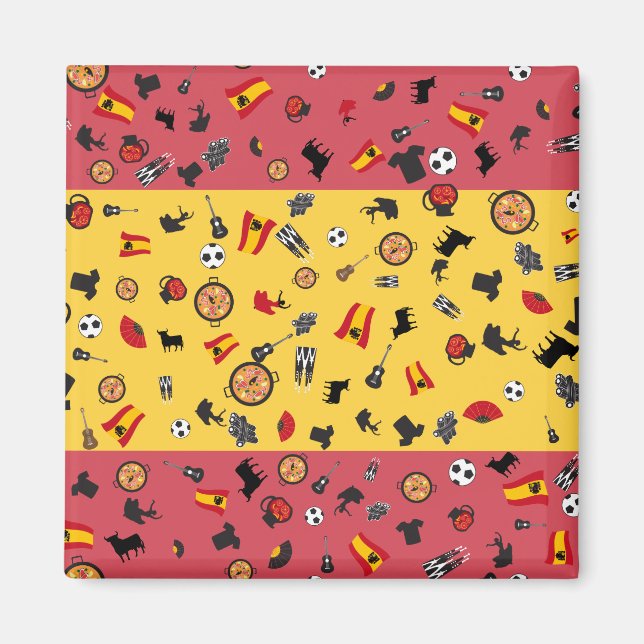 Spanische Flagge mit berühmten Gegenständen Spanie Magnet (Vorne)