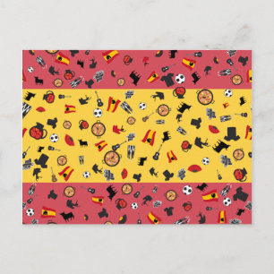 Spanische Flagge mit berühmten Gegenständen Spanie Postkarte