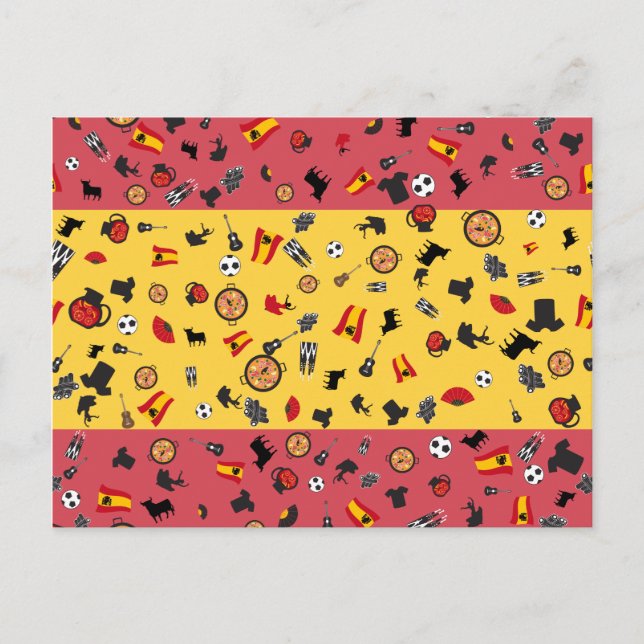 Spanische Flagge mit berühmten Gegenständen Spanie Postkarte (Vorderseite)