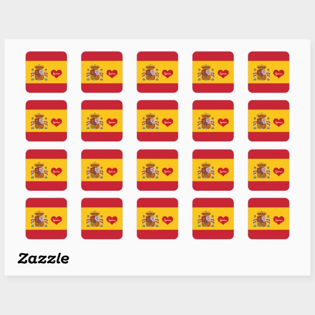 Spanische Flagge mit rotem Herz - Mode-/Sportfans Quadratischer Aufkleber (Blatt)