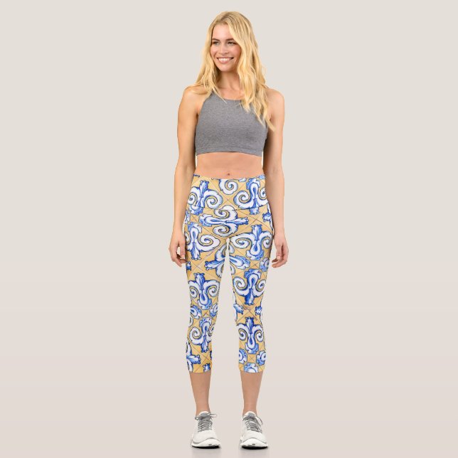 Spanische Fliesen - Azulejo Blau, Gelb und Weiß Capri Leggings (Vorderseite)