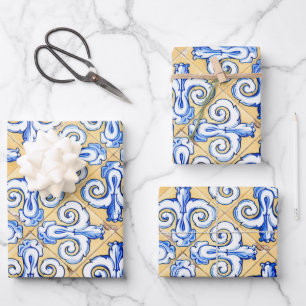 Spanische Fliesen - Azulejo Blau, Gelb und Weiß Geschenkpapier Set