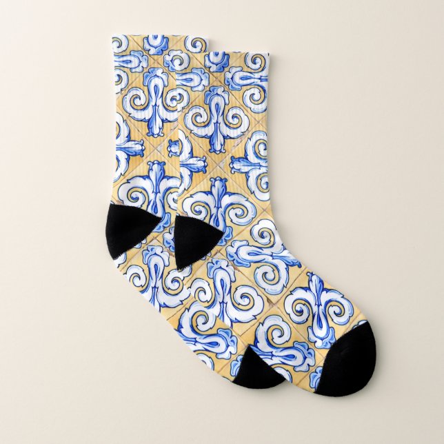 Spanische Fliesen - Azulejo Blau, Gelb und Weiß Socken (Paar)