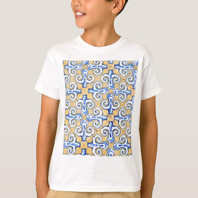 Spanische Fliesen - Azulejo Blau, Gelb und Weiß T-Shirt (Vorderseite)