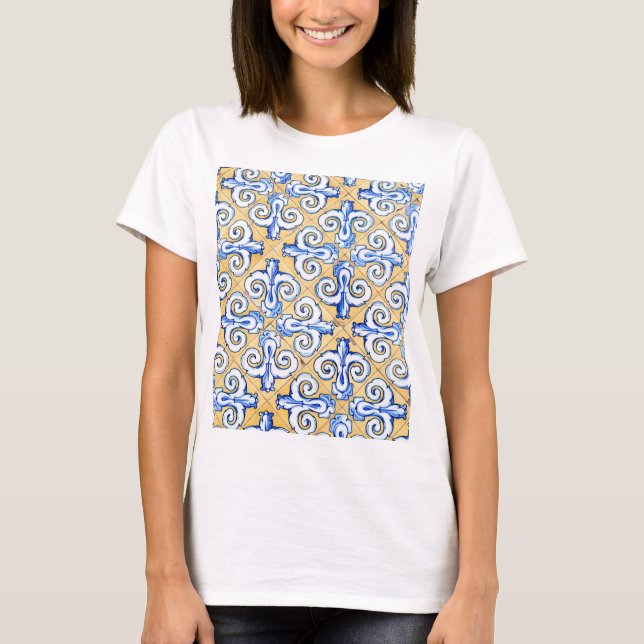 Spanische Fliesen - Azulejo Blau, Gelb und Weiß T-Shirt (Vorderseite)
