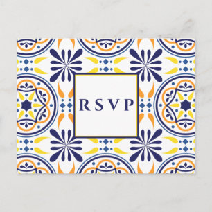 Spanische Fliesen Gelb-Navy-Hochzeit  RSVP-Essen-A Einladungspostkarte
