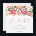 Spanische Fliesen Lebendige Citrus Pink Orange Flo Save The Date<br><div class="desc">Kumquats und modische Zitrusfrüchte,  die durch hellrosa Blumenkontraste für diese on-Trend Save The Date Cards hervorgehoben werden. Das umgekehrte Design stammt von einem Vintagen Azulejo (blaue weiße Kachel) Design.</div>