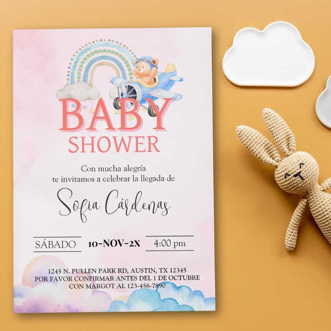 Spanische Girl Baby Dusche Teddy Bear Flugzeug Ros Einladung (Spanish Girl Baby Shower Teddy Bear Airplane Pink Invitation)